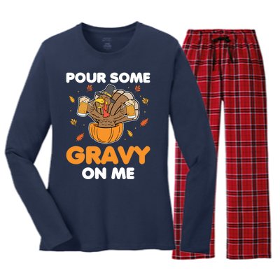 Pour Me Some Gravy On Me Beer Turkey Thanksgiving Women's Long Sleeve Flannel Pajama Set 