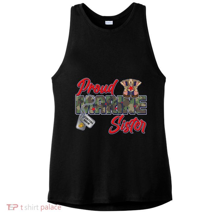 Proud Marine Sister Personalize Dog Tags Ladies PosiCharge Tri-Blend Wicking Tank