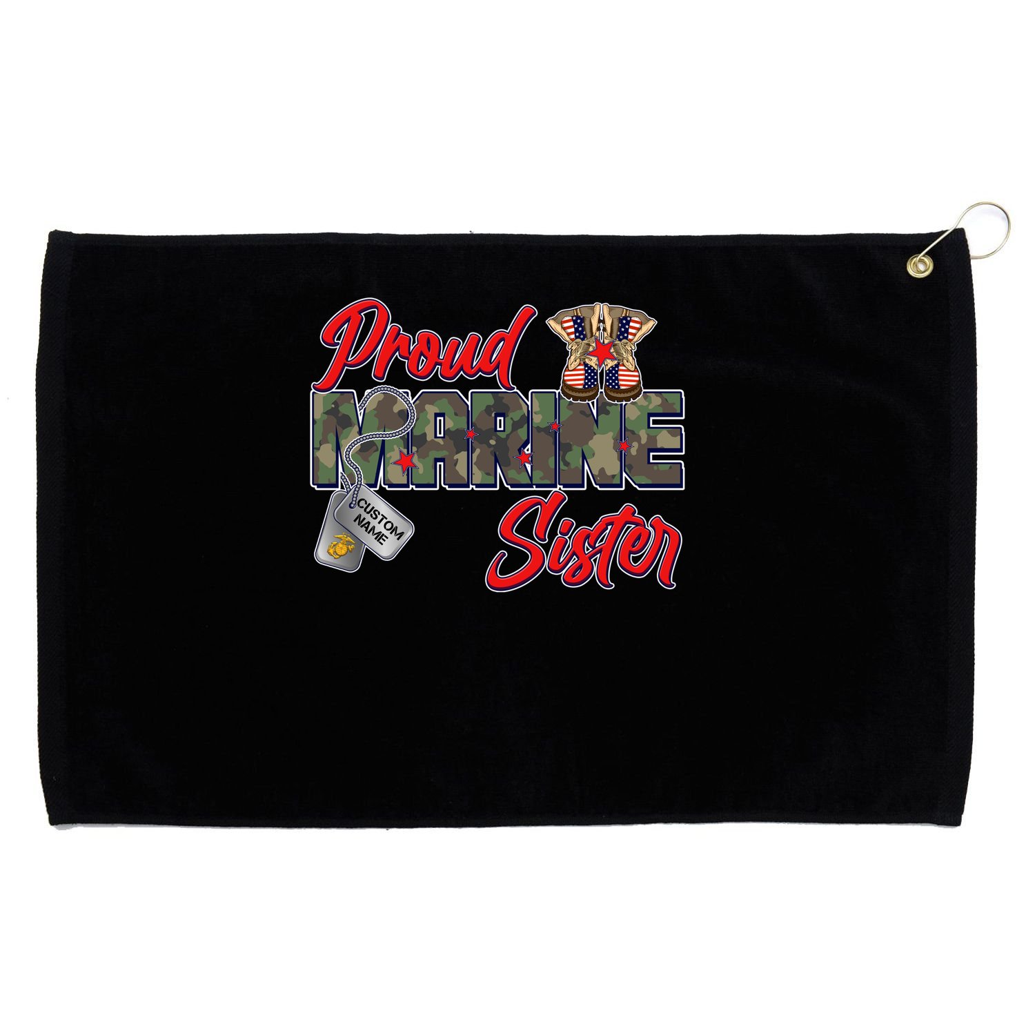 Proud Marine Sister Personalize Dog Tags Grommeted Golf Towel