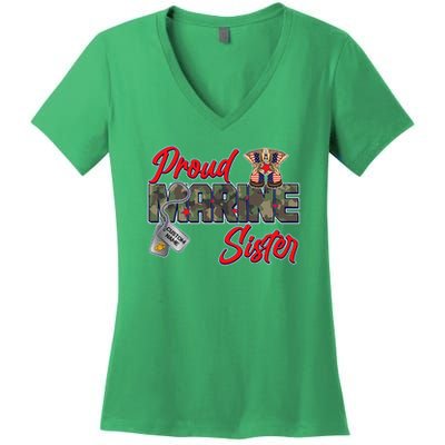 Proud Marine Sister Personalize Dog Tags Women's V-Neck T-Shirt
