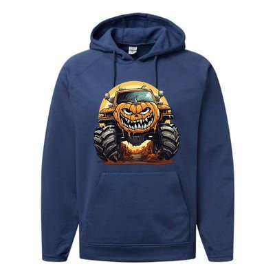 Pumpkin Monster Truck Halloween And Adults Cool Gift Performance Fleece Hoodie