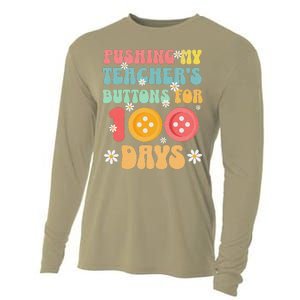 Pushing My TeacherS Buttons For 100 Days Retro Groovy Funny Cooling Performance Long Sleeve Crew