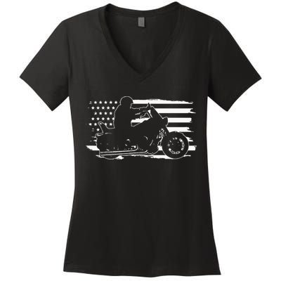 Patriotic Motorcycle Vintage American US Flag Biker Women's V-Neck T-Shirt
