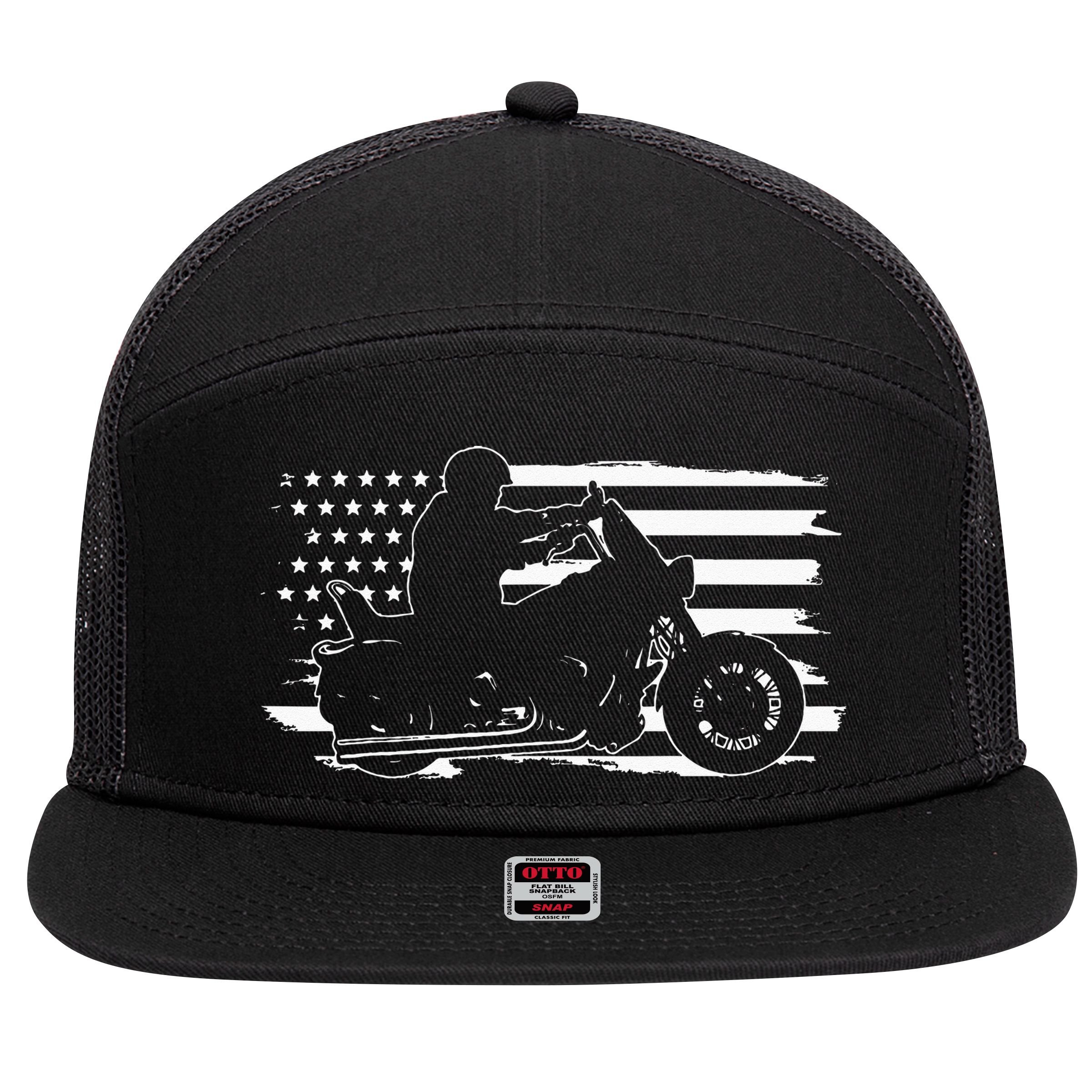 Patriotic Motorcycle Vintage American US Flag Biker 7 Panel Mesh Trucker Snapback Hat
