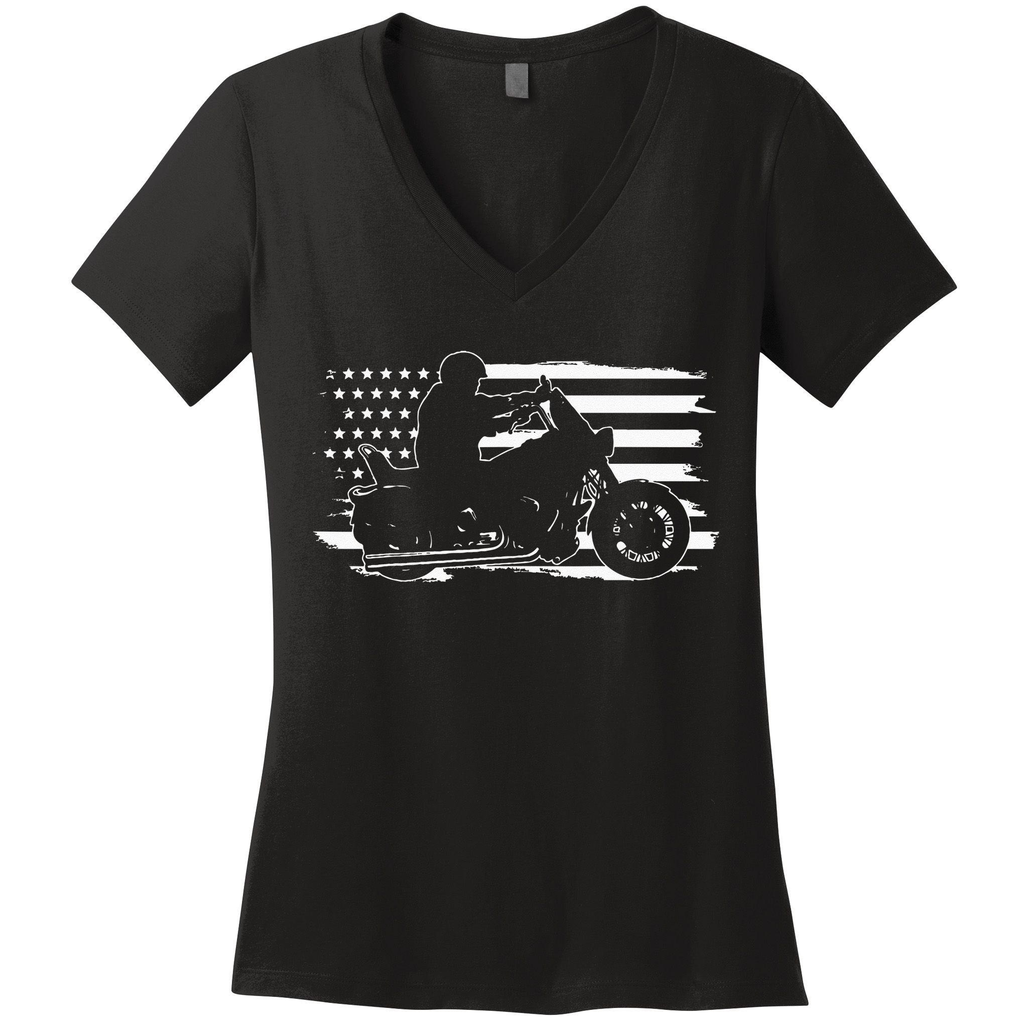 Patriotic Motorcycle Vintage American US Flag Biker Women's V-Neck T-Shirt