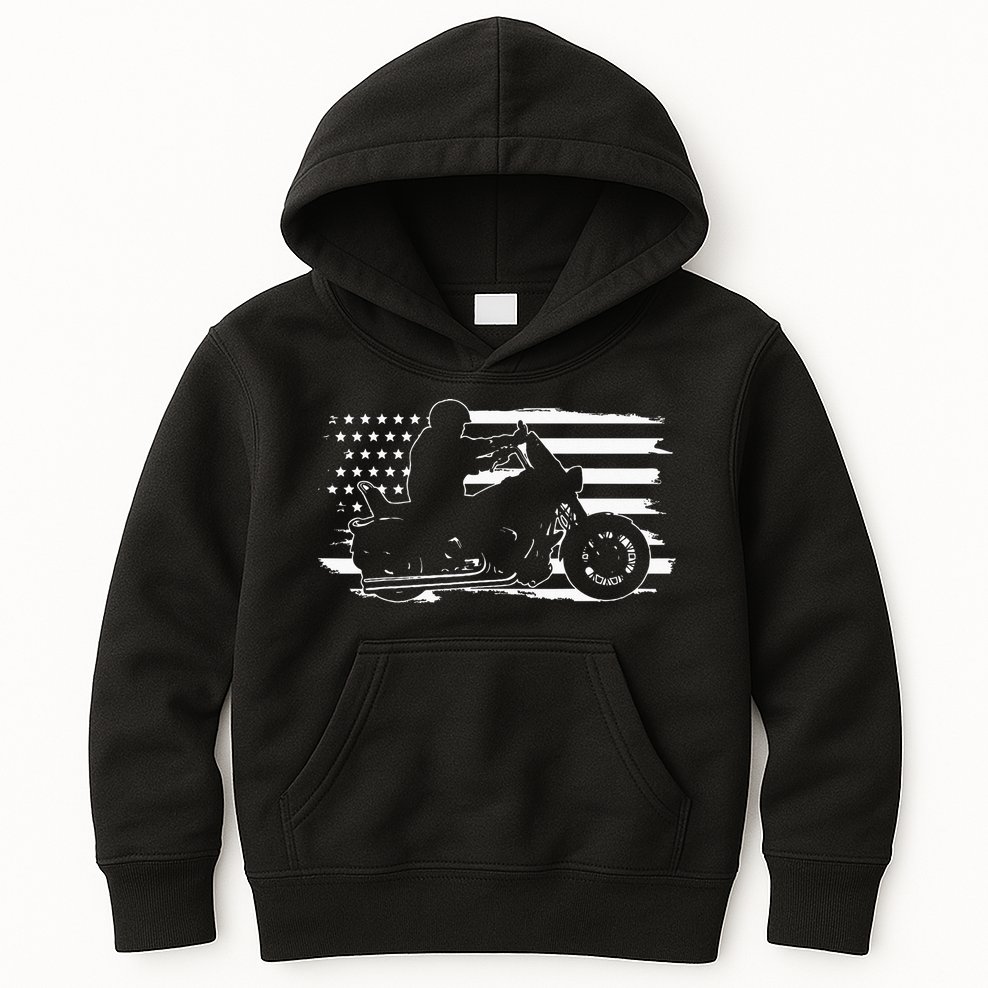 Patriotic Motorcycle Vintage American US Flag Biker Kids Hoodie