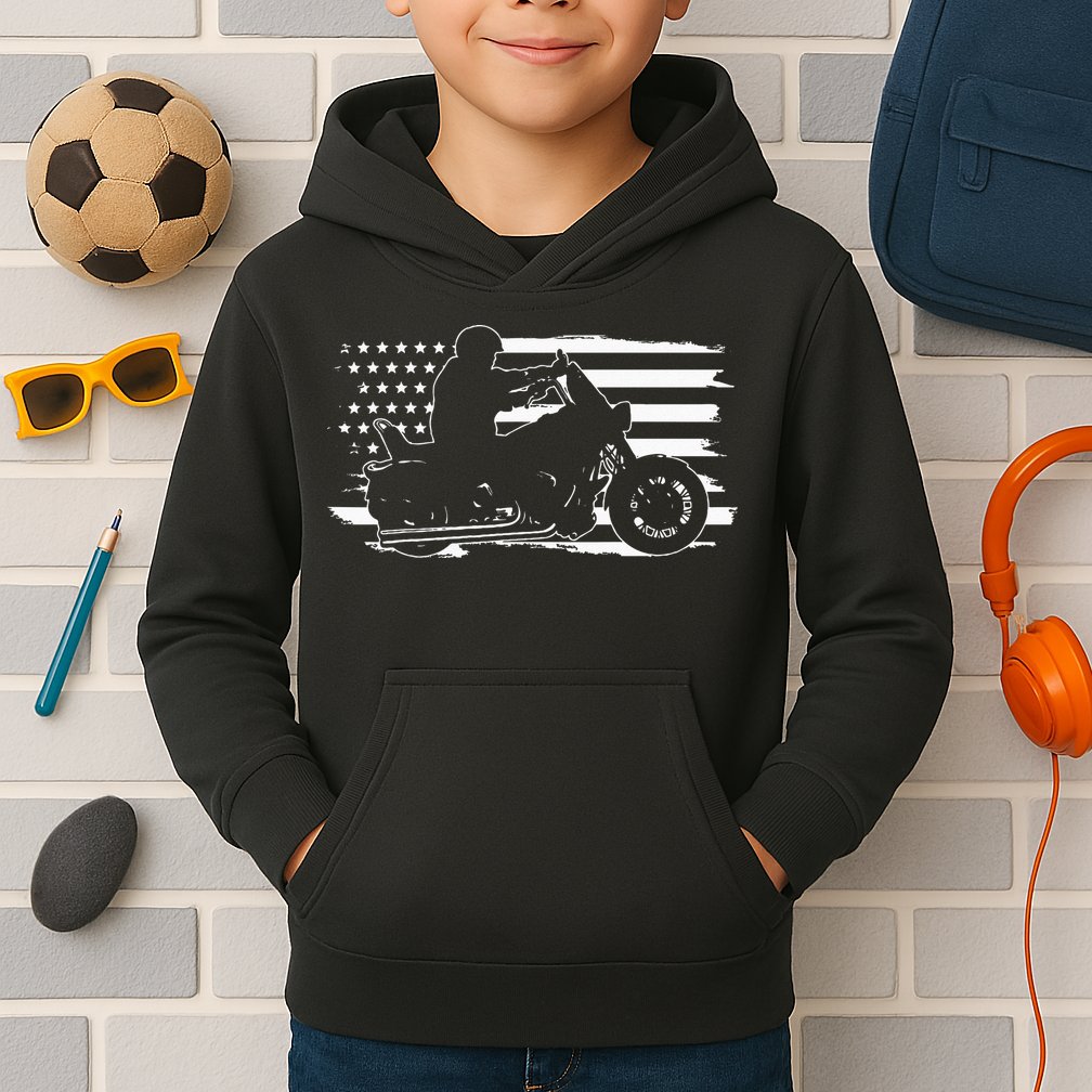 Patriotic Motorcycle Vintage American US Flag Biker Kids Hoodie