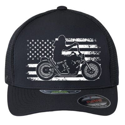 Patriotic Motorcycle Vintage American US Flag Funny Biker Flexfit Unipanel Trucker Cap