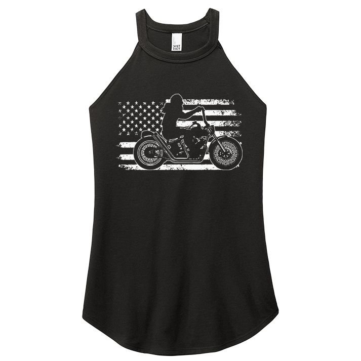 Patriotic Motorcycle Vintage American US Flag Funny Biker Women's Perfect Tri Rocker Tank