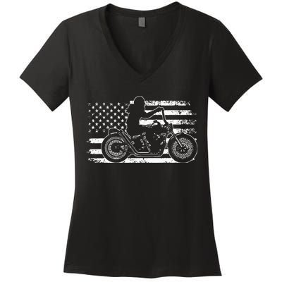 Patriotic Motorcycle Vintage American US Flag Funny Biker Women's V-Neck T-Shirt