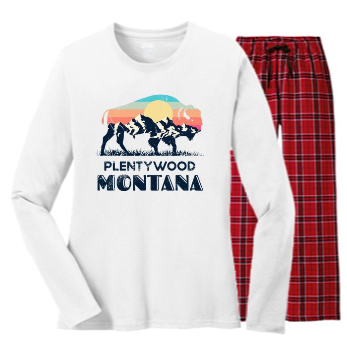 Plentywood Montana Vintage Hiking Bison Nature Women's Long Sleeve Flannel Pajama Set 