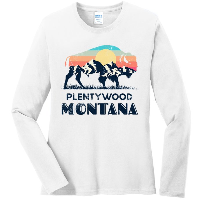 Plentywood Montana Vintage Hiking Bison Nature Ladies Long Sleeve Shirt