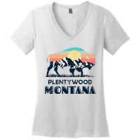 Plentywood Montana Vintage Hiking Bison Nature Women's V-Neck T-Shirt