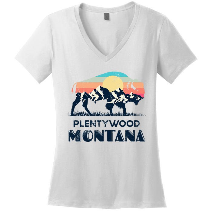 Plentywood Montana Vintage Hiking Bison Nature Women's V-Neck T-Shirt