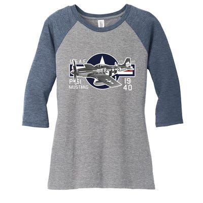 P51 Mustang Ww2 Women's Tri-Blend 3/4-Sleeve Raglan Shirt