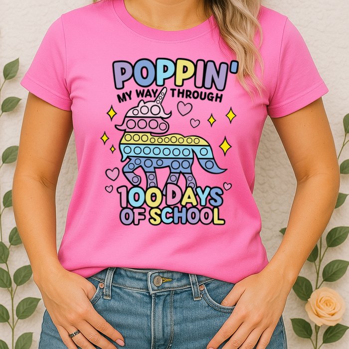 Poppin' My Way Through 100 Days Of School Rainbow Unicorn Fidget Toy Womens T-Shirt