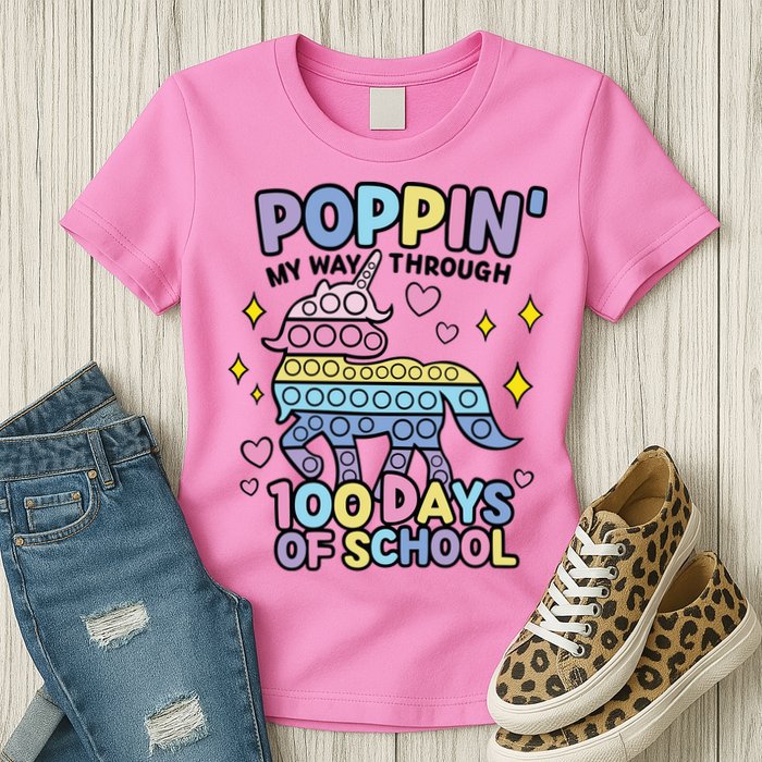 Poppin' My Way Through 100 Days Of School Rainbow Unicorn Fidget Toy Womens T-Shirt