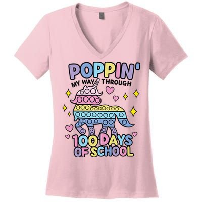 Poppin' My Way Through 100 Days Of School Rainbow Unicorn Fidget Toy Women's V-Neck T-Shirt