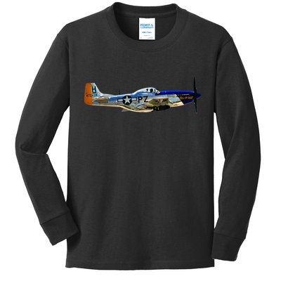 P51 Mustang WWII Fighter Plane US Military Aviation History Kids Long Sleeve Shirt