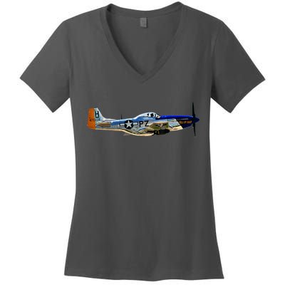 P51 Mustang WWII Fighter Plane US Military Aviation History Women's V-Neck T-Shirt