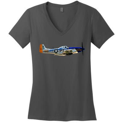 P51 Mustang WWII Fighter Plane US Military Aviation History Women's V-Neck T-Shirt