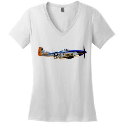 P51 Mustang WWII Fighter Plane US Military Aviation History Women's V-Neck T-Shirt