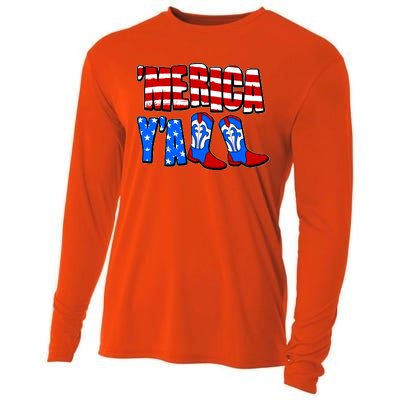 Patriotic Merica Yall Cowboy Cowgirl Boots Cooling Performance Long Sleeve Crew