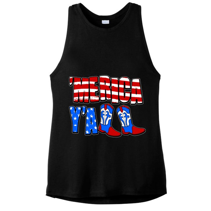 Patriotic Merica Yall Cowboy Cowgirl Boots Ladies PosiCharge Tri-Blend Wicking Tank
