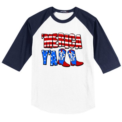 Patriotic Merica Yall Cowboy Cowgirl Boots Baseball Sleeve Shirt