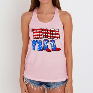 Patriotic Merica Yall Cowboy Cowgirl Boots Women's Knotted Racerback Tank