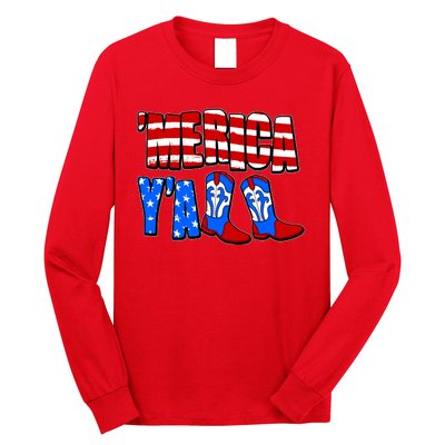 Patriotic Merica Yall Cowboy Cowgirl Boots Long Sleeve Shirt