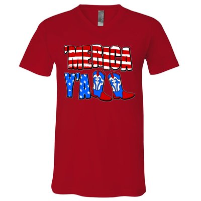 Patriotic Merica Yall Cowboy Cowgirl Boots V-Neck T-Shirt