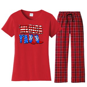 Patriotic Merica Yall Cowboy Cowgirl Boots Women's Flannel Pajama Set