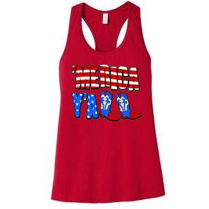 Patriotic Merica Yall Cowboy Cowgirl Boots Women's Racerback Tank