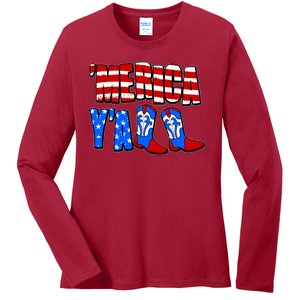 Patriotic Merica Yall Cowboy Cowgirl Boots Ladies Long Sleeve Shirt