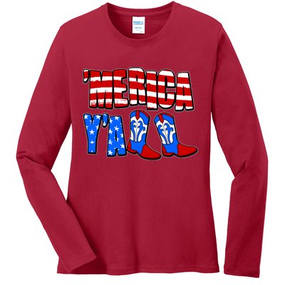 Patriotic Merica Yall Cowboy Cowgirl Boots Ladies Long Sleeve Shirt