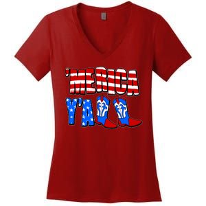 Patriotic Merica Yall Cowboy Cowgirl Boots Women's V-Neck T-Shirt