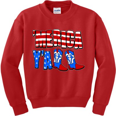Patriotic Merica Yall Cowboy Cowgirl Boots Kids Sweatshirt
