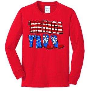 Patriotic Merica Yall Cowboy Cowgirl Boots Kids Long Sleeve Shirt