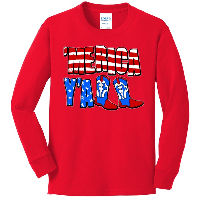 Patriotic Merica Yall Cowboy Cowgirl Boots Kids Long Sleeve Shirt