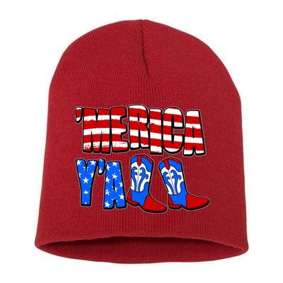 Patriotic Merica Yall Cowboy Cowgirl Boots Short Acrylic Beanie