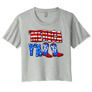 Patriotic Merica Yall Cowboy Cowgirl Boots Women's Crop Top Tee