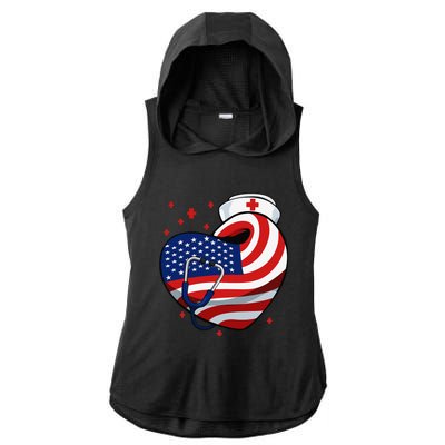 Patriotic Nurse 4th Of July American Flag Heart Stethoscope Ladies PosiCharge Tri-Blend Wicking Draft Hoodie Tank