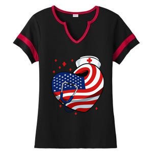 Patriotic Nurse 4th Of July American Flag Heart Stethoscope Ladies Halftime Notch Neck Tee