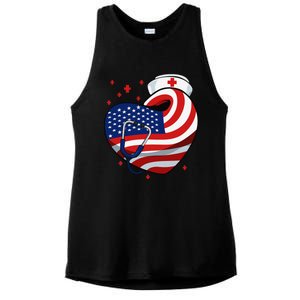 Patriotic Nurse 4th Of July American Flag Heart Stethoscope Ladies PosiCharge Tri-Blend Wicking Tank