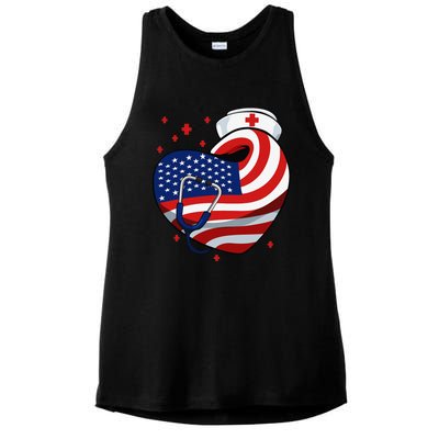 Patriotic Nurse 4th Of July American Flag Heart Stethoscope Ladies PosiCharge Tri-Blend Wicking Tank