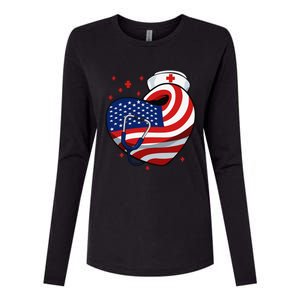 Patriotic Nurse 4th Of July American Flag Heart Stethoscope Womens Cotton Relaxed Long Sleeve T-Shirt