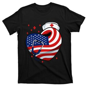 Patriotic Nurse 4th Of July American Flag Heart Stethoscope T-Shirt