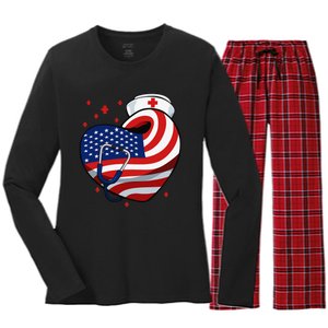 Patriotic Nurse 4th Of July American Flag Heart Stethoscope Women's Long Sleeve Flannel Pajama Set 