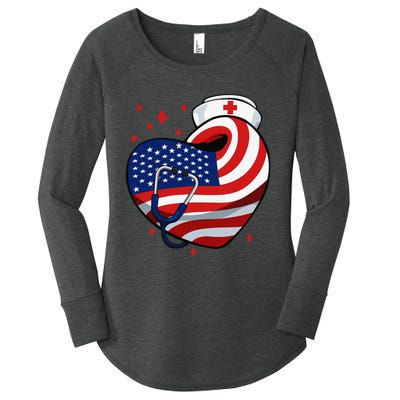 Patriotic Nurse 4th Of July American Flag Heart Stethoscope Women's Perfect Tri Tunic Long Sleeve Shirt